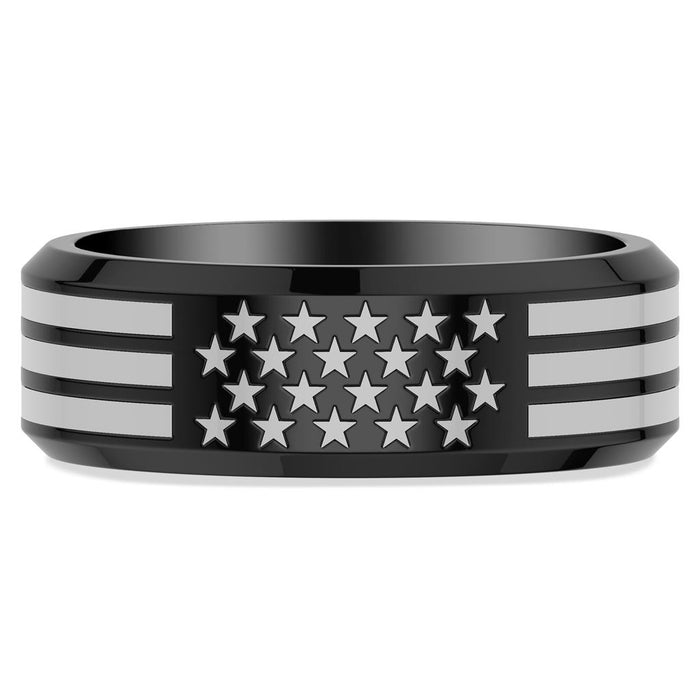 8MM Contemporary Black Titanium Ring with Laser Engraved USA Flag Motif and Beveled Edge Profile