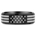8MM Contemporary Black Titanium Ring with Laser Engraved USA Flag Motif and Beveled Edge Profile