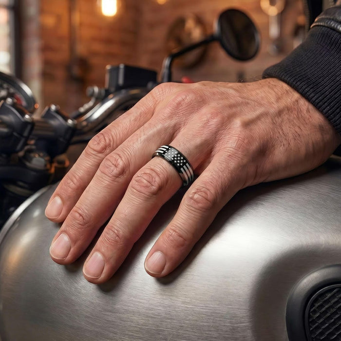 8MM Contemporary Black Titanium Ring with Laser Engraved USA Flag Motif and Beveled Edge Profile