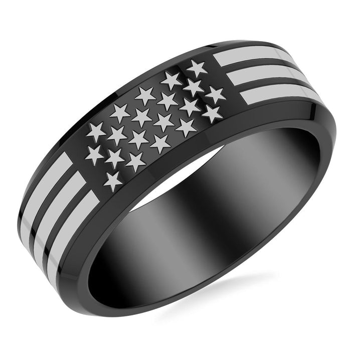 8MM Contemporary Black Titanium Ring with Laser Engraved USA Flag Motif and Beveled Edge Profile