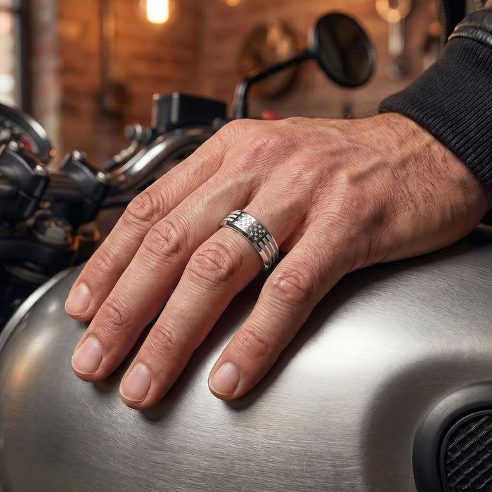 8MM Contemporary Stainless Steel Ring with Laser Engraved USA Flag Motif and Beveled Edge Profile