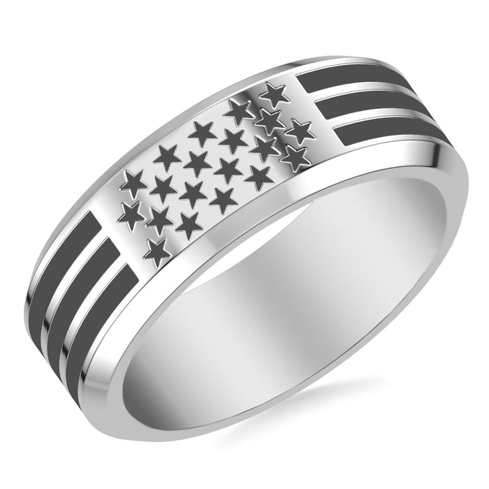 8MM Contemporary Stainless Steel Ring with Laser Engraved USA Flag Motif and Beveled Edge Profile