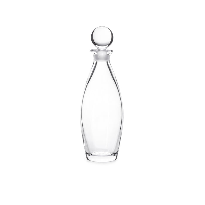 Clear glass decanter with curved tapered body and spherical stopper on white background.