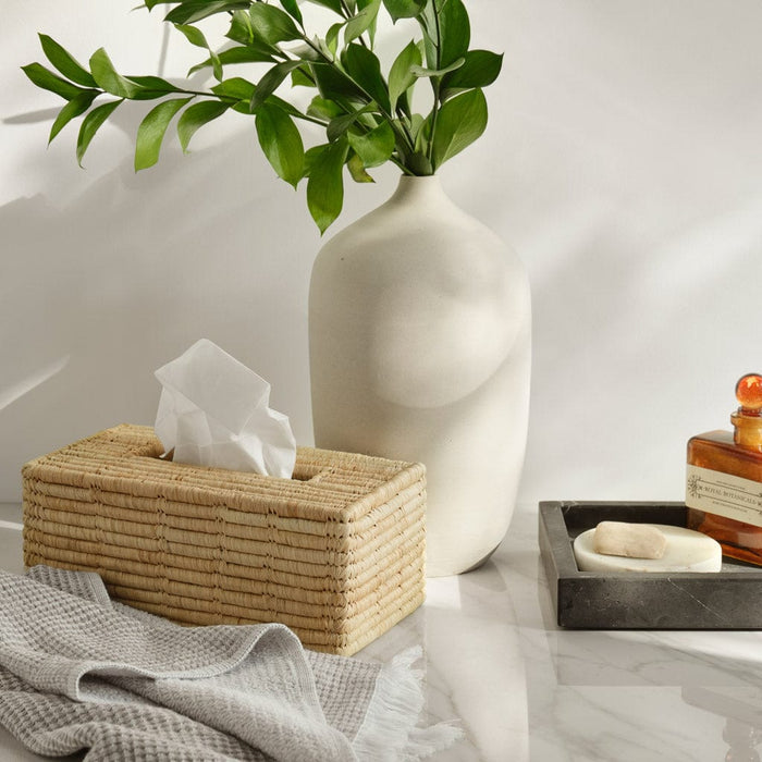 Long woven tissue box on countertop, long