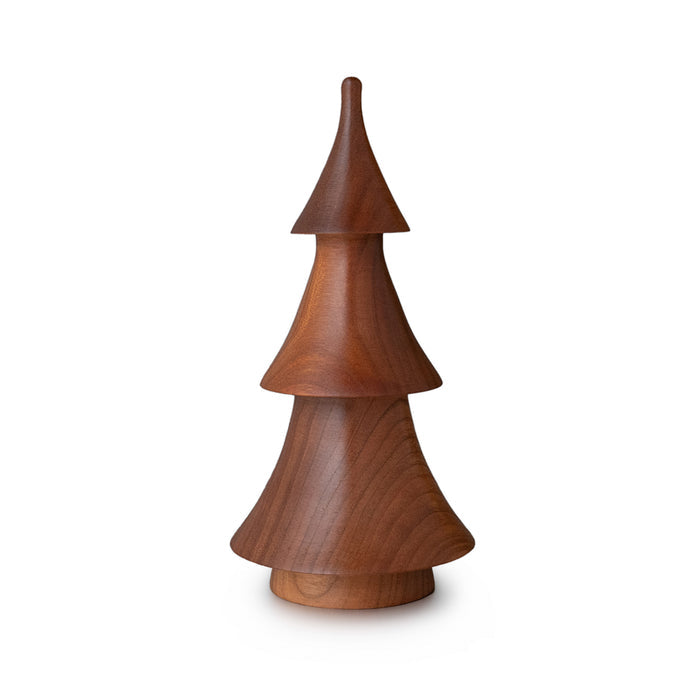 Stacked wooden evergreen tree sculpture with three tiered conical sections in dark cherry wood.