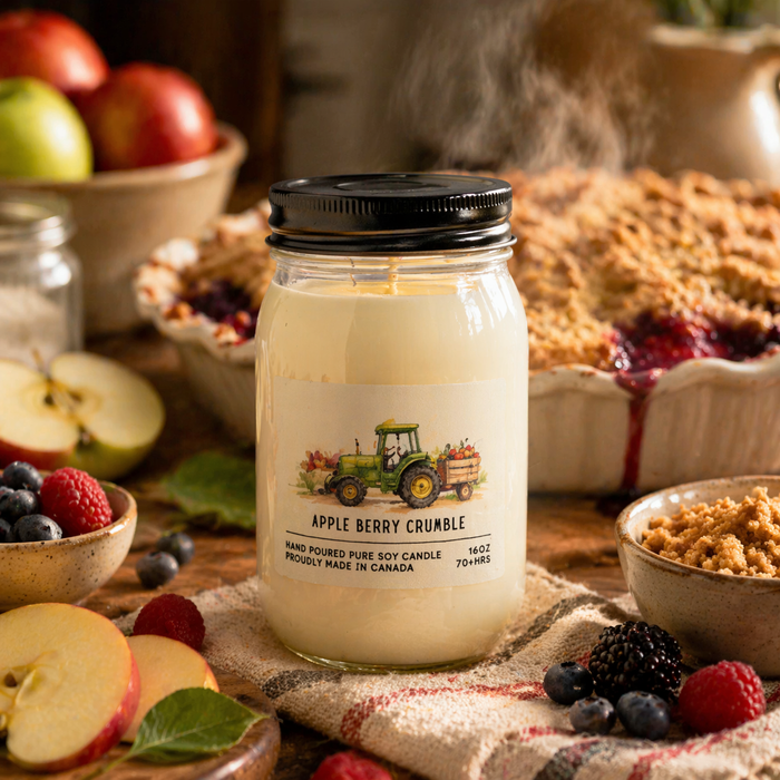 Jar of 'Apple Berry Crumble' candle with autumn-themed elements and food items in the background.