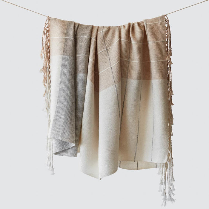 Striped alpaca throw with Fringe, sand