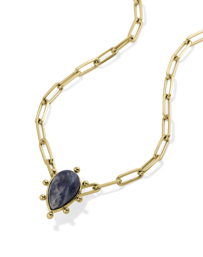 Gold paperclip chain necklace with teardrop green gemstone pendant and gold ball accents in blue, alternate view