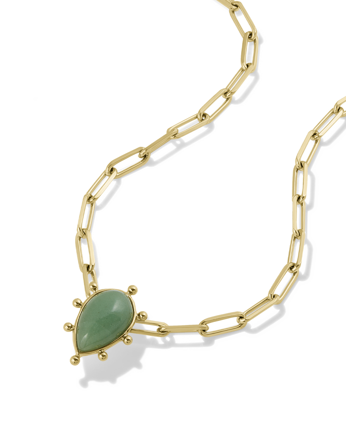 Gold paperclip chain necklace with teardrop green gemstone pendant and gold ball accents, alternate view