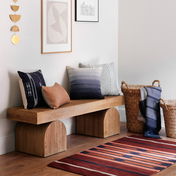 Woven Wool Accent Rug in Entryway with Modern Wooden Bench, Rust