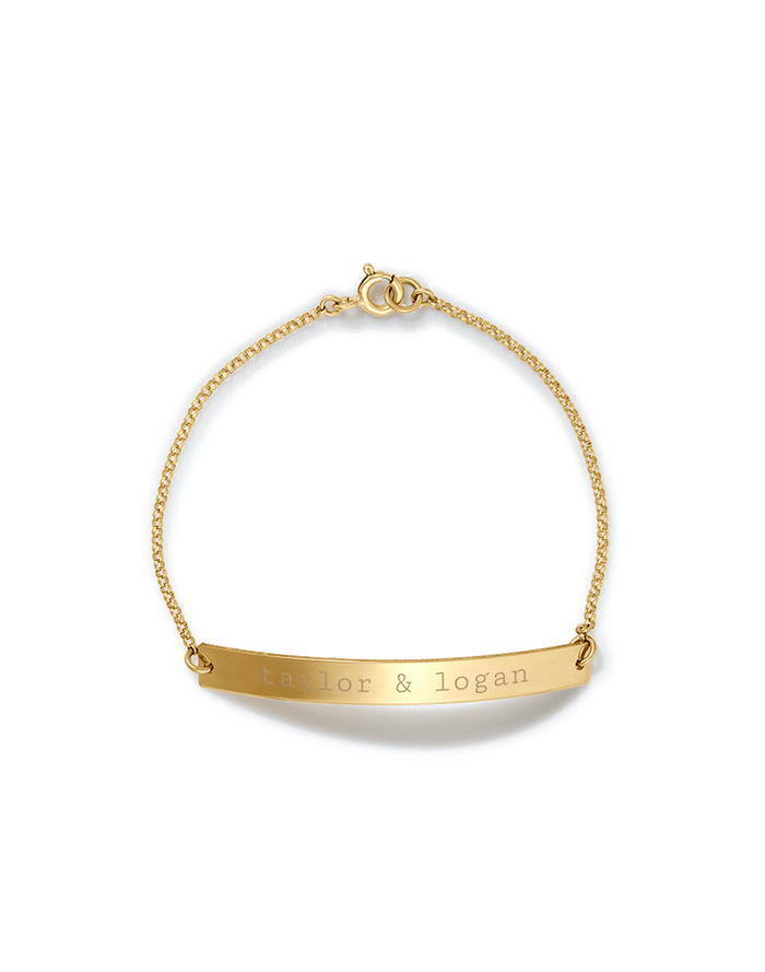 Gold ID bracelet with engraved bar plate