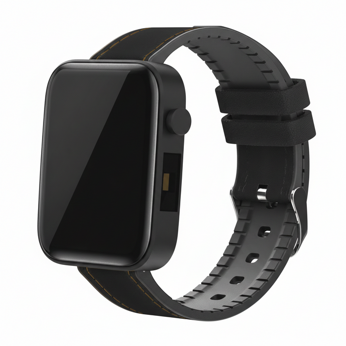 Black smartwatch with a black band on a white background