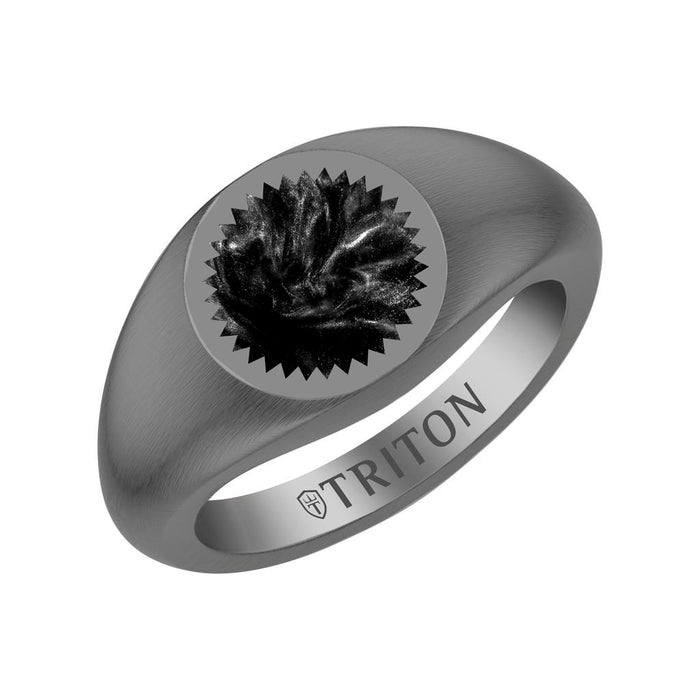 Brushed Black Rhodium Sterling Silver Essentials Signet Ring with Ceram8 Full Moon Inlay and J Curved Edge
