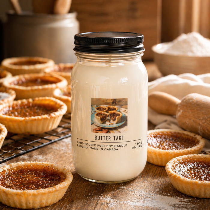 Butter tart candle in a mason jar with butter tarts in the background