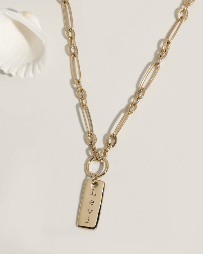 Gold paperclip chain necklace with personalized name tag pendant