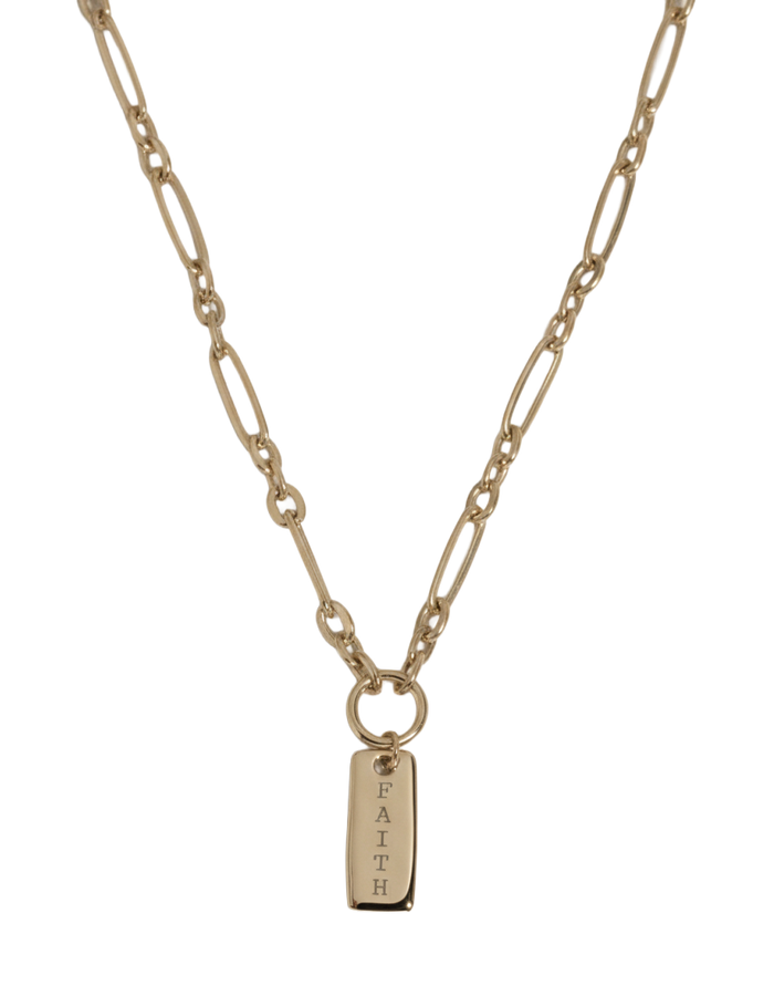 Gold figaro chain necklace with engraved FAITH pendant