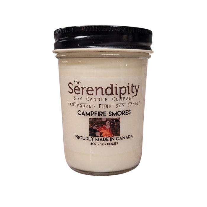 Candle jar with 'Serendipity Soy Candle Company' branding and 'Campfire Smores' flavor description on a white background.