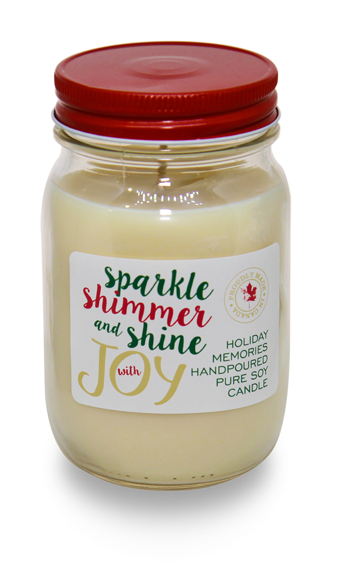Serendipity Soy Candle Company Holiday Memories scented candle, with "Sparkle, Shimmer and Shine with Joy" on the label