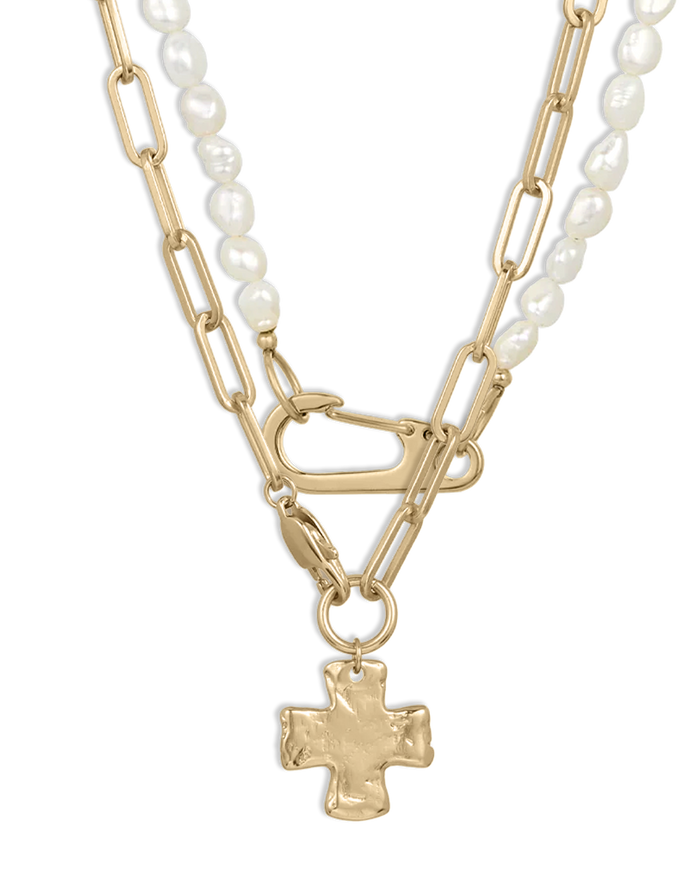 Chunky Cross and Pearl Lock Necklace Set