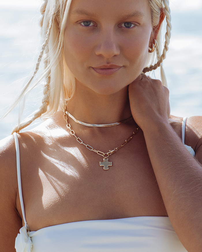 Chunky Chain Cross Necklace shown on model, on-model lifestyle photo