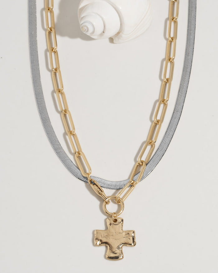 Chunky Cross Necklace Set - Mixed Metals