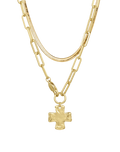 Layered gold necklaces with a cross pendant
