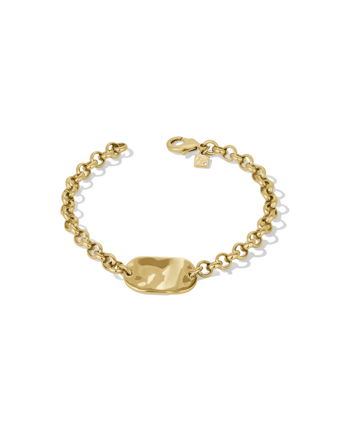 Gold chunky rolo chain bracelet with rectangular polished ID plate, alternate view