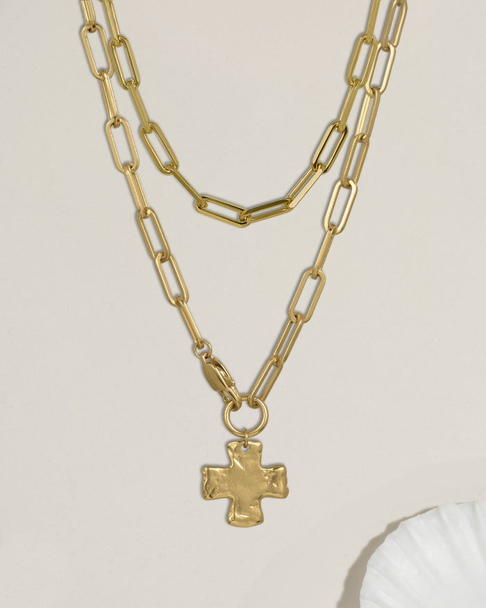 Chunky cross chain necklace composition photo showing multiple styles