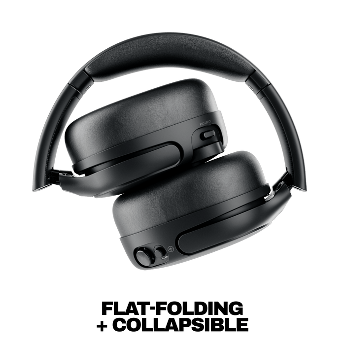 Black over-ear headphones shown on a white background with the text 'FLAT-FOLDING + COLLAPSIBLE' below. | True Black