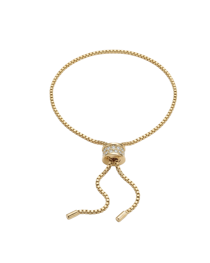 Gold adjustable bolo bracelet with crystal-encrusted sliding clasp on box chain