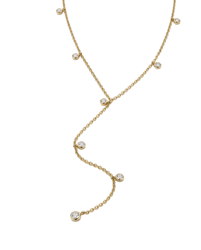 Gold lariat necklace with multiple bezel-set crystal charm drops on fine chain