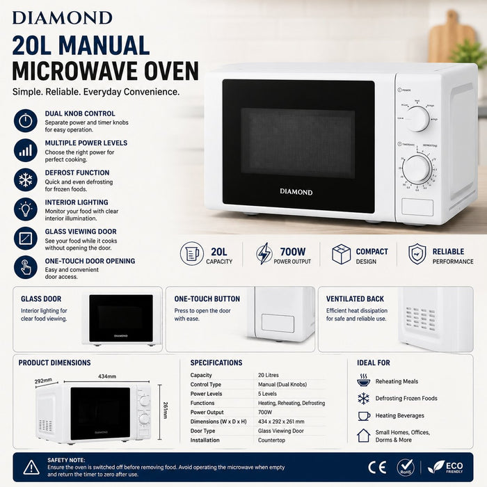 Diamond 20L manual microwave oven countertop view