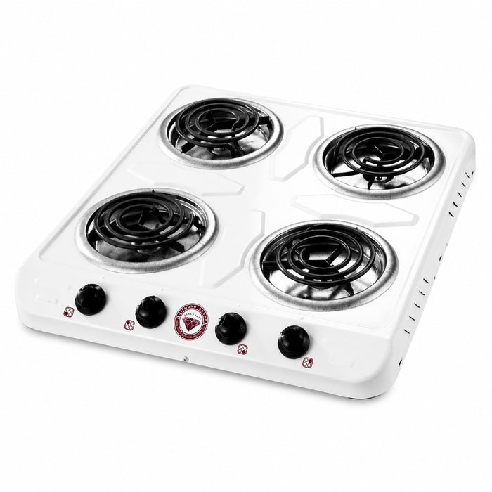 Diamond Brand white four plate electric stove with four spiral heating plates and individual control knobs