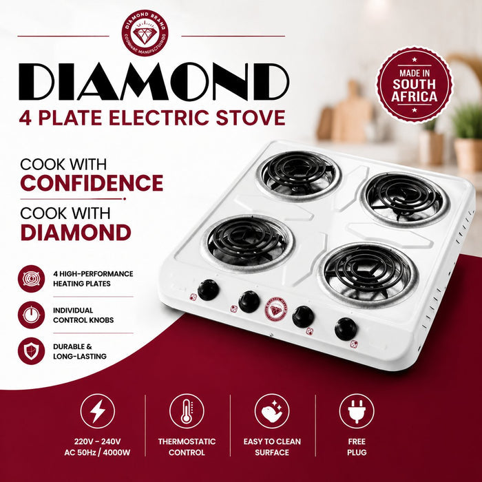White Diamond Brand four plate electric stove for home kitchens, student accommodation and catering