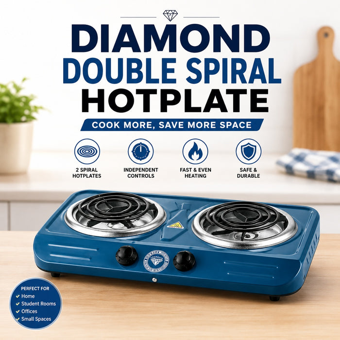 Blue Diamond Brand double spiral hotplate on a kitchen counter with two hotplates for indoor cooking