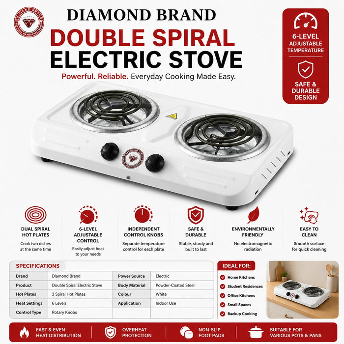 White Diamond Brand double spiral electric stove with two hot plates on a kitchen counter