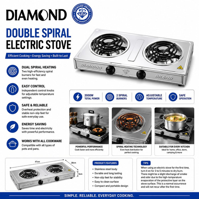 Diamond Brand 2000W stainless steel double spiral electric stove with overheat protection and non-slip feet