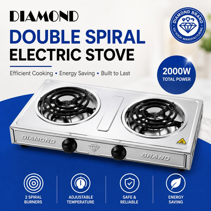 Stainless steel Diamond Brand portable two-burner electric stove for kitchen, room or camping use