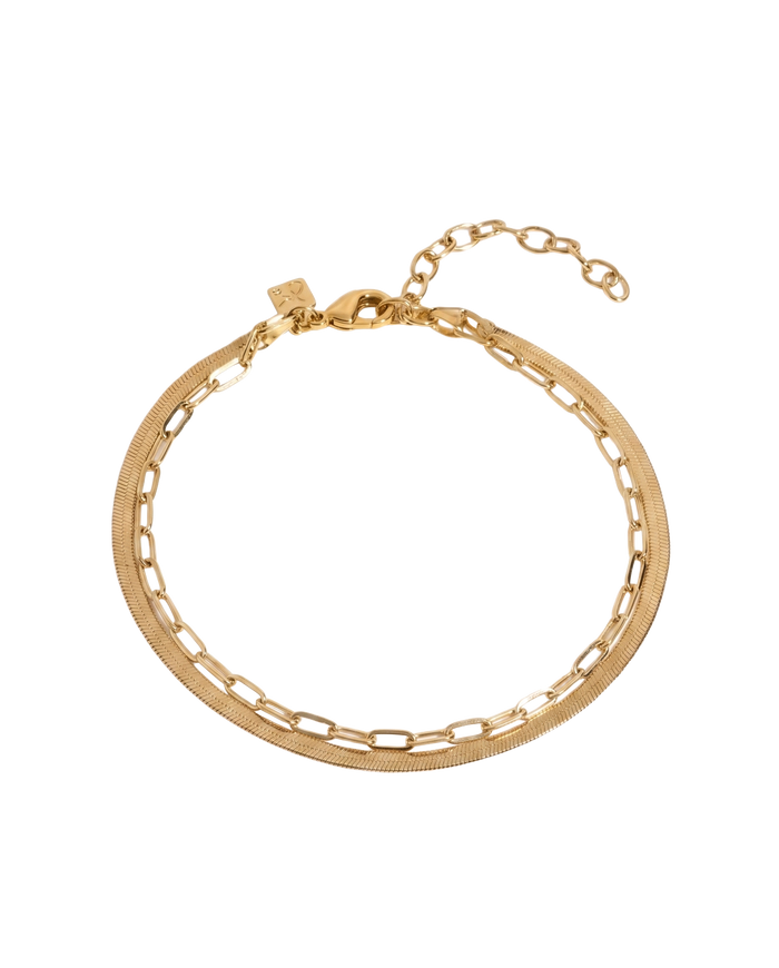 Two-layer gold anklet set combining flat herringbone chain and paperclip link chain
