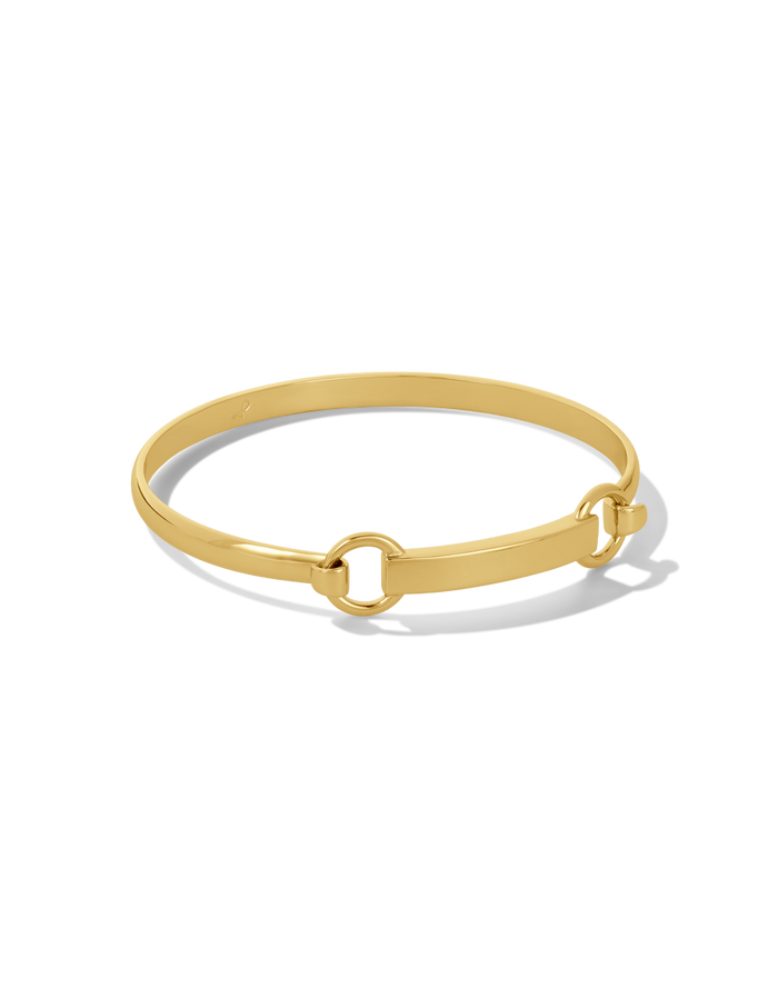 Gold bar bangle bracelet with hardware clasp, front view