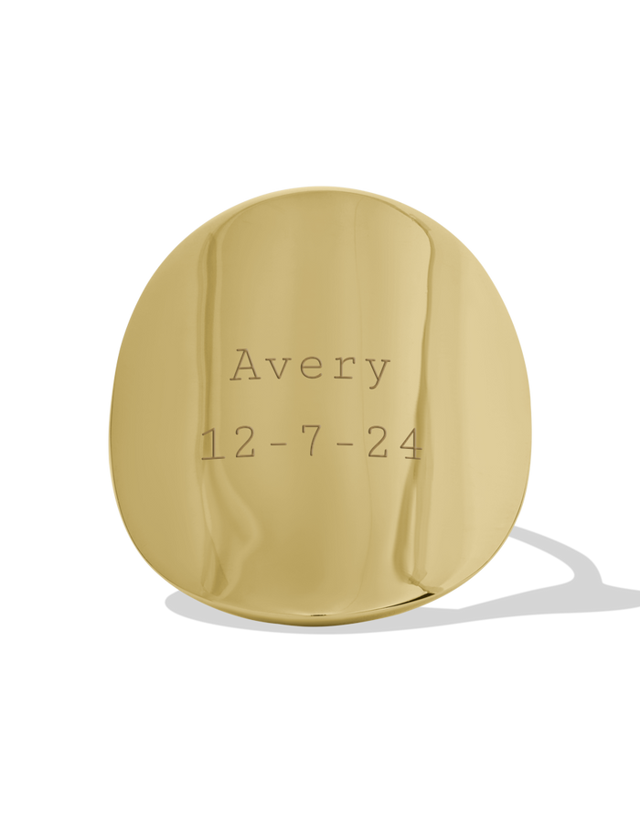 Gold large disc ring with personalized engraving, front view