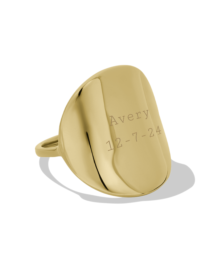 Gold large disc ring with personalized engraving, 3D render