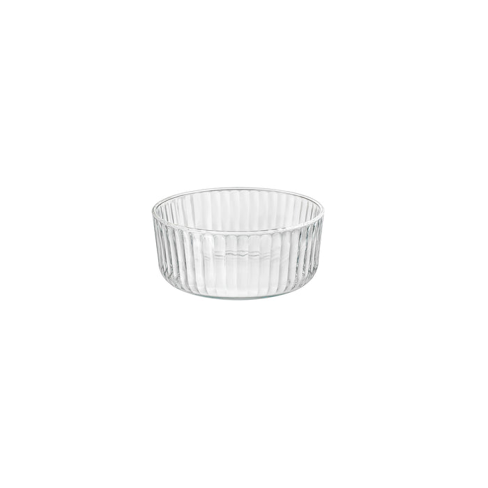 Clear Exclusiva glass bowl with ribbed design on a white background