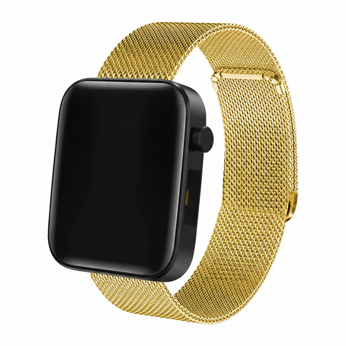 Smartwatch with a gold mesh band on a white background
