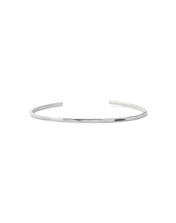 Silver hammered open cuff bracelet, front view