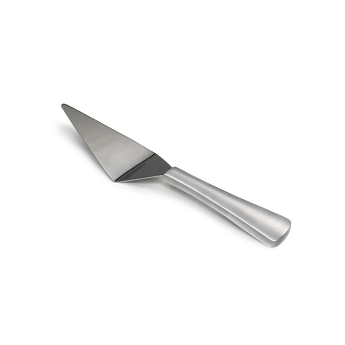 Stainless steel pie and cake server with triangular blade and silver handle.