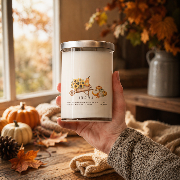 Hand holding a candle labeled 'Hello Fall' with autumn decorations in the background