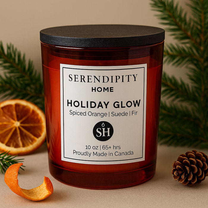 Candle labeled 'Serendipity Home Holiday Glow' with decorative elements on a neutral background