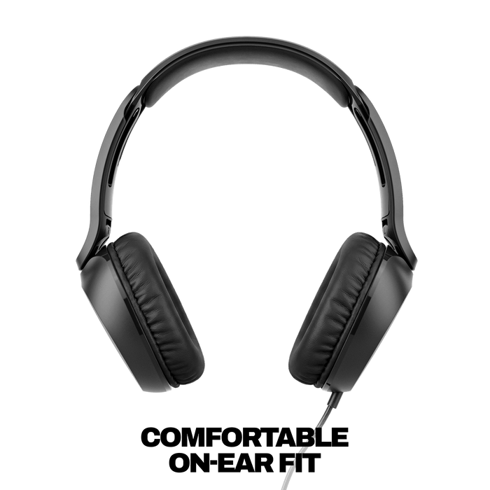Black over-ear wired headphones shown from the side against a solid black background. | True Black