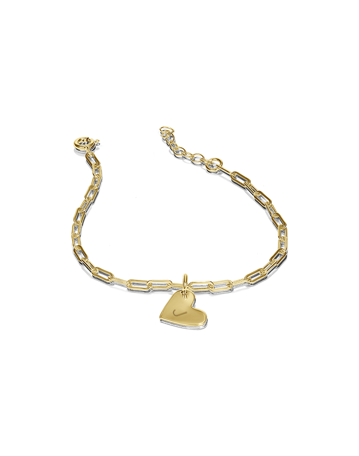 Gold paperclip chain bracelet with engraved heart charm, product photo
